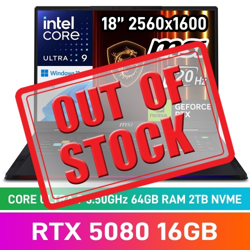 MSI RAIDER 18 HX AI A2XWIG-265ZA Laptop — Intel Core Ultra 9 285HX / 18" WQUXGA 120Hz Mini-LED / 64GB DDR5 RAM / GeForce RTX 5080 16GB / 2TB Gen5 NVMe SSD / Windows 11 Home / Core Black