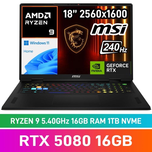 MSI VECTOR A18 HX A9WIG-256ZA Laptop — Ryzen 9 9955HX / 18" WQXGA 240Hz / 16GB DDR5 RAM / GeForce RTX 5080 16GB / 1TB Gen4 NVMe SSD / Windows 11 Home / Cosmos Grey