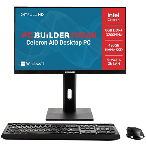 PCBuilder FUSION AIO All-in-One Desktop PC — Celeron G6900 / 23.8" FHD IPS / 8GB DDR4 RAM / 480GB Gen4 NVMe SSD / Windows 11 Home / Black PCBuilder FUSION AIO All-in-One Desktop PC — Celeron G6900 / 23.8" FHD IPS / 8GB DDR4 RAM / 480GB Gen4 NVMe SSD / Windows 11 Home / Black