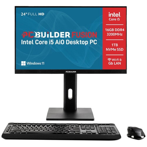 PCBuilder FUSION AIO All-in-One Desktop PC — Core i5-14400 / 23.8" FHD IPS / 16GB DDR4 RAM / 1TB Gen4 NVMe SSD / Windows 11 Pro / Black