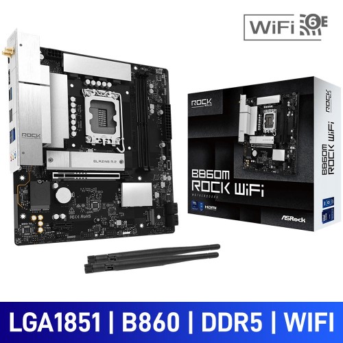 ASRock B860M ROCK WIFI, Intel B860 Chipset, LGA1851, DDR5, Micro ATX Desktop Motherboard