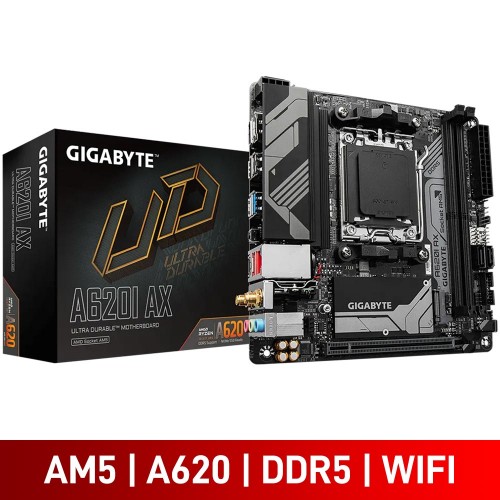 Gigabyte A620I AX with Wi-Fi, AMD A620 Chipset, Socket AM5, ITX Desktop Motherboard Gigabyte A620I AX with Wi-Fi, AMD A620 Chipset, Socket AM5, ITX Desktop Motherboard