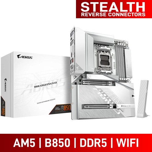 Gigabyte B850 AORUS STEALTH ICE with Wi-Fi, AMD B850 Chipset, Socket AM5, Reverse ATX Desktop Motherboard