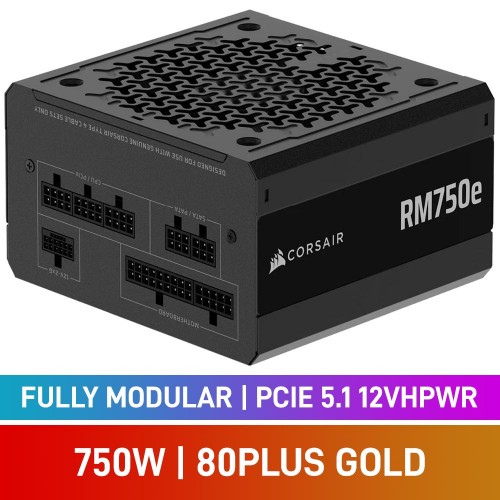 Corsair RMe Series RM750e 80 PLUS Gold Fully Modular PCIe 5.1 12VHPWR 12V-2x6 ATX 3.1 PSU, 750w