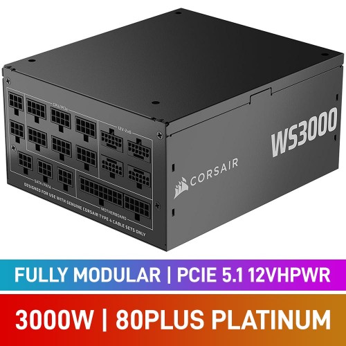 Corsair WS3000 80 PLUS Platinum Fully Modular PCIe 5.1 12VHPWR 12V-2x6 ATX 3.1 PSU, 3000w Corsair WS3000 80 PLUS Platinum Fully Modular PCIe 5.1 12VHPWR 12V-2x6 ATX 3.1 PSU, 3000w