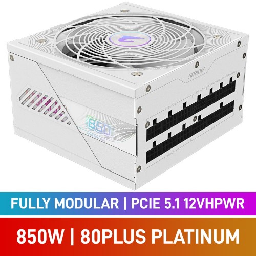 GIGABYTE AORUS ELITE Series AE850PM PG5 ICE 80 PLUS Platinum Fully Modular PCIe 5.1 12VHPWR 12V-2x6 ATX 3.1 PSU, 850w