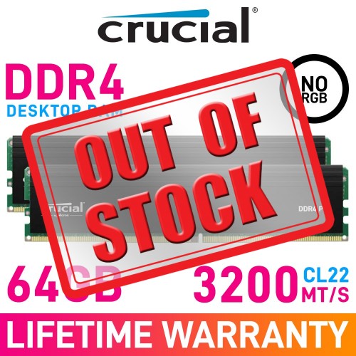 Crucial PRO 64GB (2 x 32GB) DDR4 DRAM 3200MHz CL22 1.20V CP2K32G4DFRA32A Memory Kit — Black Crucial PRO 64GB (2 x 32GB) DDR4 DRAM 3200MHz CL22 1.20V CP2K32G4DFRA32A Memory Kit — Black