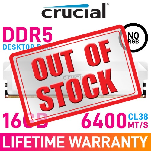 Crucial PRO OVERCLOCKING DDR5 16GB (1 x 16GB) DDR5 DRAM 6400MHz CL38 1.35V CP16G64C38U5W Memory Module — White