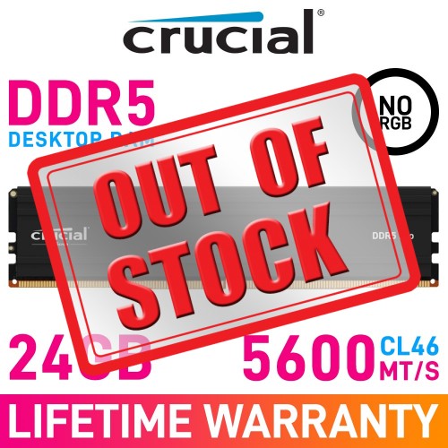 Crucial PRO DDR5 24GB (1 x 24GB) DDR5 DRAM 5600MHz CL46 1.10V CP24G56C46U5 Memory Module — Black Crucial PRO DDR5 24GB (1 x 24GB) DDR5 DRAM 5600MHz CL46 1.10V CP24G56C46U5 Memory Module — Black