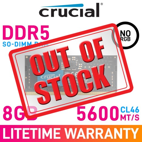 Crucial 8GB (1 x 8GB) DDR5 DRAM 5600MHz CL46 1.10V CT8G56C46S5 SO-DIMM Memory Module Crucial 8GB (1 x 8GB) DDR5 DRAM 5600MHz CL46 1.10V CT8G56C46S5 SO-DIMM Memory Module