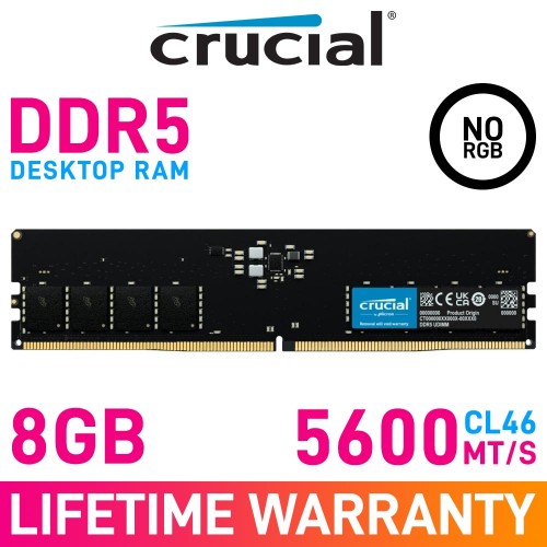 Crucial 8GB (1 x 8GB) DDR5 DRAM 5600MHz CL46 1.10V CT8G56C46U5 Memory Module