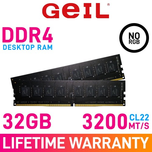 GeIL PRISTINE 32GB (2 x 16GB) DDR4 DRAM 3200MHz CL22 1.20V GP432GB3200C22DC Memory Kit