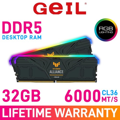 GeIL GEMINI RGB TUF GAMING ALLIANCE 32GB (2 x 16GB) DDR5 DRAM 6000MHz CL36 1.35V GAMST532GB6000C36CDC Memory Kit — Black