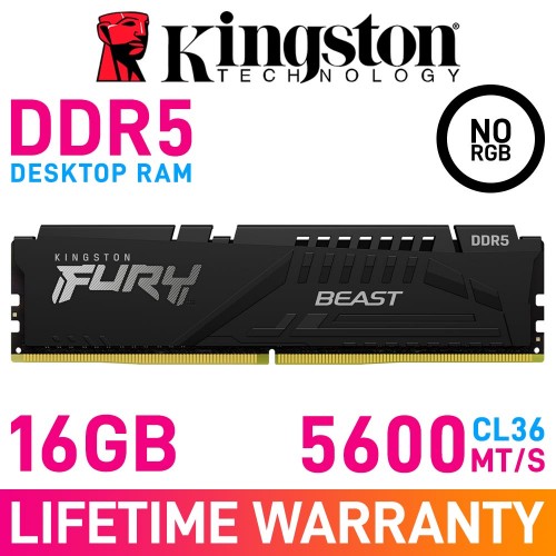 Kingston FURY BEAST DDR5 16GB (1 x 16GB) DDR5 DRAM 5600MHz CL36 1.25V KF556C36BBE-16 Memory Module — Black