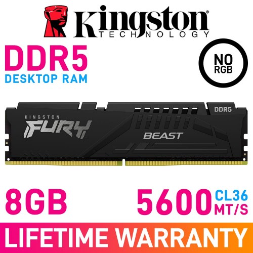Kingston FURY BEAST DDR5 8GB (1 x 8GB) DDR5 DRAM 5600MHz CL36 1.25V KF552C36BBE-8 Memory Module — Black