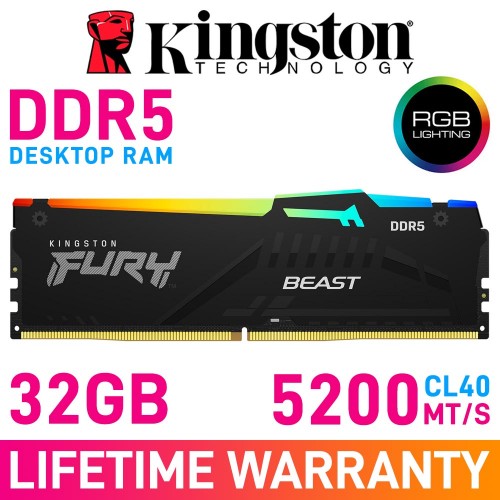 Kingston FURY BEAST DDR5 RGB 32GB (1 x 32GB) DDR5 DRAM 5200MHz CL40 1.25V KF552C40BBA-32 Memory Module — Black
