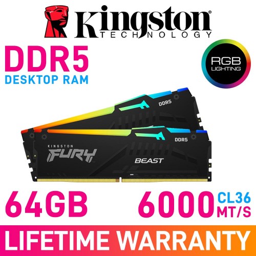 Kingston FURY BEAST DDR5 RGB 64GB (2 x 32GB) DDR5 DRAM 6000MHz CL36 1.35V KF560C36BBEAK2-64 Memory Kit — Black