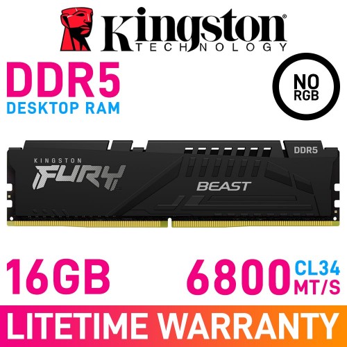 Kingston FURY BEAST DDR5 16GB (1 x 16GB) DDR5 DRAM 6800MHz CL34 1.40V KF568C34BBE-16 Memory Module — Black