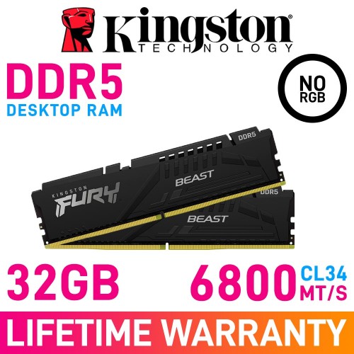 Kingston FURY BEAST DDR5 32GB (2 x 16GB) DDR5 DRAM 6800MHz CL34 1.40V KF568C34BBK2-32 Memory Kit — Black