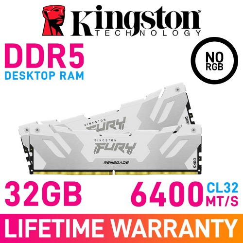 Kingston FURY RENEGADE DDR5 32GB (2 x 16GB) DDR5 DRAM 6400MHz CL32 1.40V KF564C32RWK2-32 Memory Kit — White