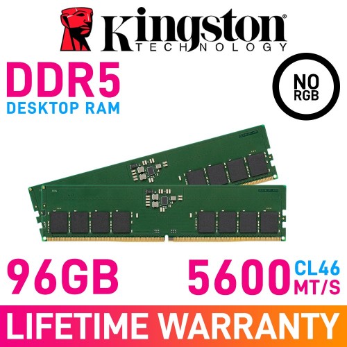 Kingston ValueRAM 96GB (2 x 48GB) DDR5 DRAM 5600MHz CL46 1.10V KVR56U46BD8K2-96 Memory Kit