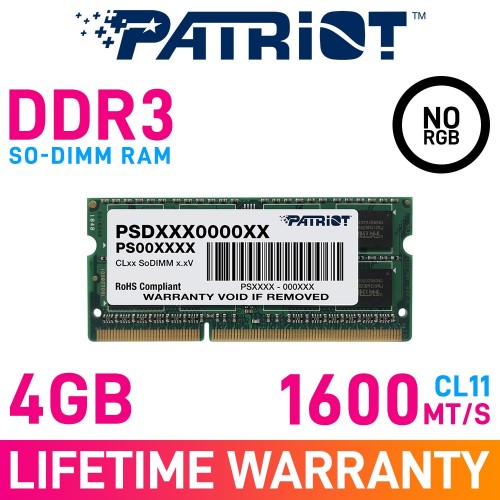 Patriot SIGNATURE LINE 4GB (1 x 4GB) DDR3 DRAM 1600MHz CL11 1.35V PSD34G1600L2S SO-DIMM Memory Module