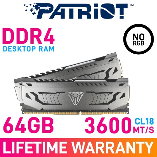 Patriot VIPER STEELl 64GB (2 x 32GB) DDR4 DRAM 3600MHz CL18 1.35V PVS464G360C8K Memory Kit — Grey