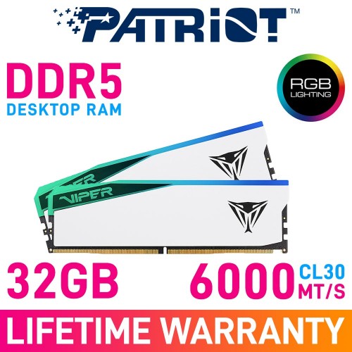 Patriot VIPER ELITE 5 RGB 32GB (2 x 16GB) DDR5 DRAM 6000MHz CL30 1.35V PVER532G60C30KW Memory Kit — White