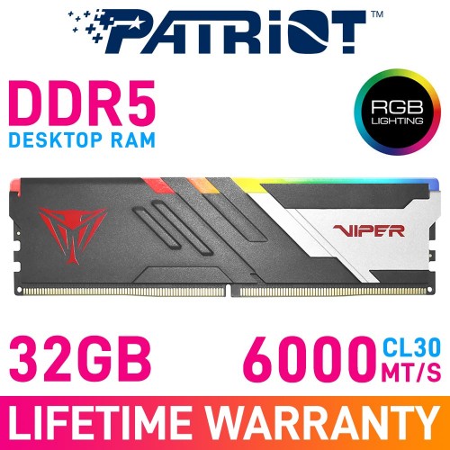 Patriot VIPER VENOM RGB 32GB (1 x 32GB) DDR5 DRAM 6000MHz CL30 1.35V PVVR532G60C30 Memory Module — Black Patriot VIPER VENOM RGB 32GB (1 x 32GB) DDR5 DRAM 6000MHz CL30 1.35V PVVR532G60C30 Memory Module — Black