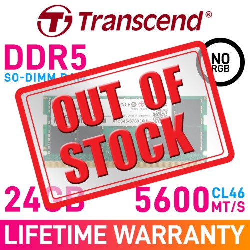 Transcend JetRam 24GB (1 x 24GB) DDR5 DRAM 5600MHz CL46 1.10V JM5600ASE-24G SO-DIMM Memory Module