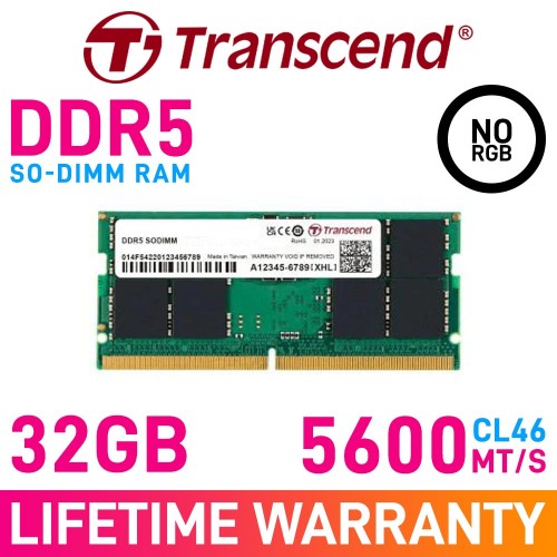Transcend JetRam 32GB (1 x 32GB) DDR5 DRAM 5600MHz CL46 1.10V JM5600ASE-32G SO-DIMM Memory Module