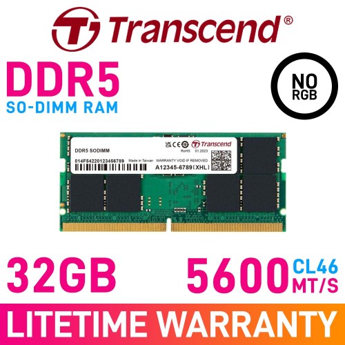 Transcend 32GB (1 x 32GB) DDR5 DRAM 5600MHz CL46 1.10V TS5600ASE-32G SO-DIMM Memory Module