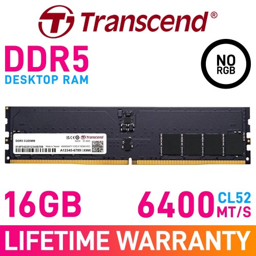 Transcend JetRam 16GB (1 x 16GB) DDR5 DRAM 6400MHz CL52 1.10V JM6400ALE-16G CUDIMM Memory Module