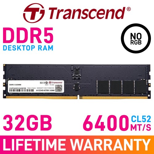 Transcend JetRam 32GB (1 x 32GB) DDR5 DRAM 6400MHz CL52 1.10V JM6400ALE-32G CUDIMM Memory Module Transcend JetRam 32GB (1 x 32GB) DDR5 DRAM 6400MHz CL52 1.10V JM6400ALE-32G CUDIMM Memory Module