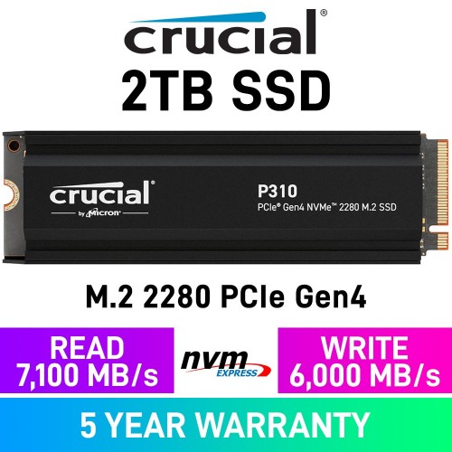 Crucial P310 PCIe Gen4x4 M.2 2280 NVMe SSD with Heatsink — 2TB Crucial P310 PCIe Gen4x4 M.2 2280 NVMe SSD with Heatsink — 2TB