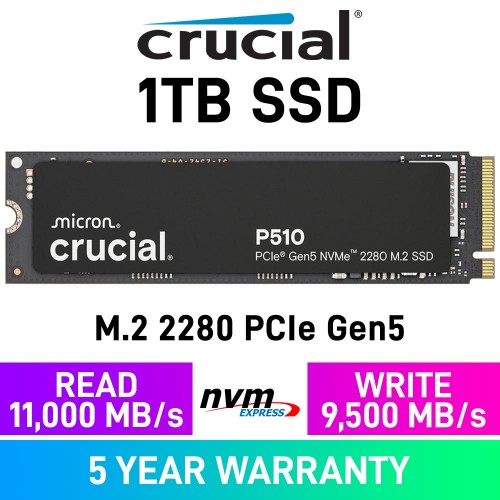 Crucial P510 PCIe Gen5x4 M.2 2280 NVMe SSD — 1TB Crucial P510 PCIe Gen5x4 M.2 2280 NVMe SSD — 1TB