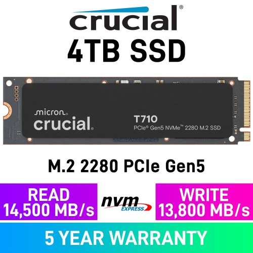 Crucial T710 PCIe Gen5x4 M.2 2280 NVMe SSD — 4TB Crucial T710 PCIe Gen5x4 M.2 2280 NVMe SSD — 4TB