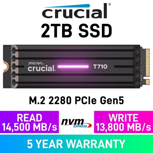Crucial T710 PCIe Gen5x4 M.2 2280 NVMe SSD with Heatsink — 2TB Crucial T710 PCIe Gen5x4 M.2 2280 NVMe SSD with Heatsink — 2TB