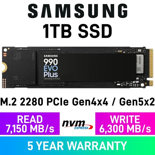 Samsung 990 EVO PLUS Hybrid PCIe Gen4x4 / Gen5x2 M.2 2280 NVMe SSD — 1TB Samsung 990 EVO PLUS Hybrid PCIe Gen4x4 / Gen5x2 M.2 2280 NVMe SSD — 1TB