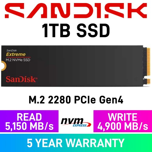 SanDisk EXTREME PCIe Gen4x4 M.2 2280 NVMe SSD — 1TB SanDisk EXTREME PCIe Gen4x4 M.2 2280 NVMe SSD — 1TB