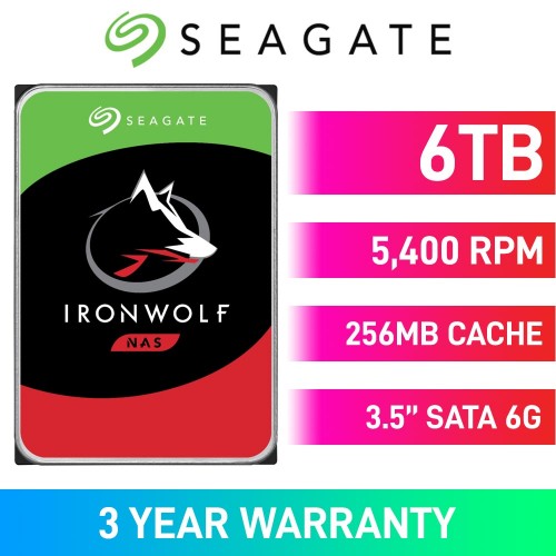 Seagate IronWolf ST6000VN001 Hard Drive, SATA 6Gb/s, 3.5", 5400RPM, 6TB