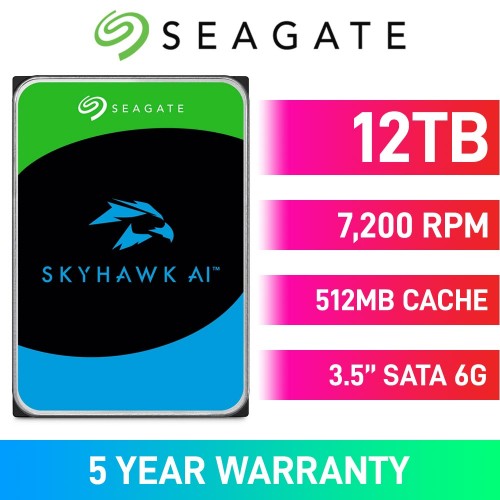 Seagate SkyHawk AI ST12000VE003 Hard Drive, SATA 6Gb/s, 3.5", 7200RPM, 12TB