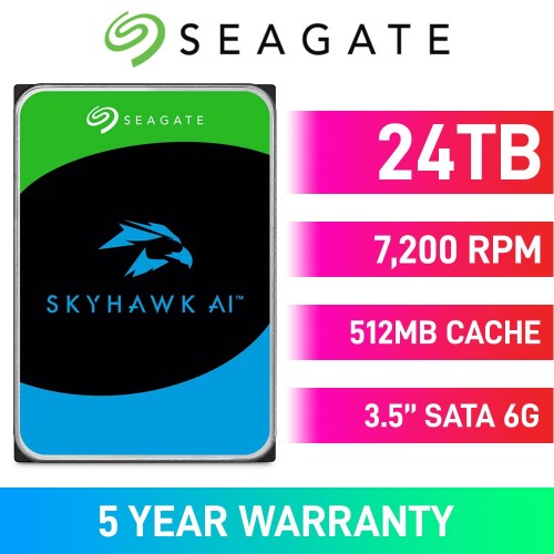 Seagate SkyHawk AI ST24000VE002 Hard Drive, SATA 6Gb/s, 3.5", 7200RPM, 24TB