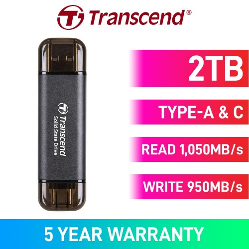 Transcend ESD310 External SSD, USB 3.2 Gen 2 Type-A & Type-C, Black — 2TB