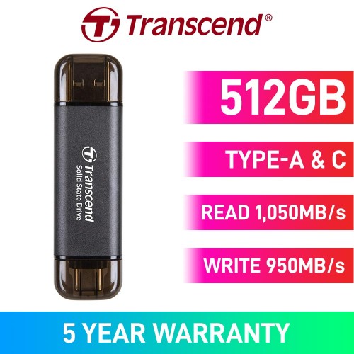 Transcend ESD310 External SSD, USB 3.2 Gen 2 Type-A & Type-C, Black — 512GB