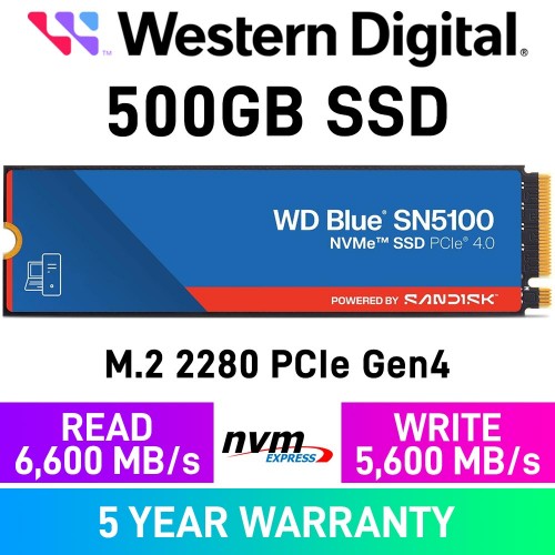 Western Digital WD Blue SN5100 PCIe Gen4x4 M.2 2280 NVMe SSD — 500GB Western Digital WD Blue SN5100 PCIe Gen4x4 M.2 2280 NVMe SSD — 500GB