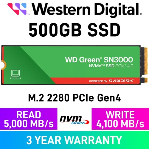 Western Digital WD Green SN3000 PCIe Gen4x4 M.2 2280 NVMe SSD — 500GB Western Digital WD Green SN3000 PCIe Gen4x4 M.2 2280 NVMe SSD — 500GB