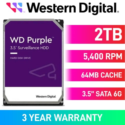 Western Digital Purple WD23PURZ Hard Drive, SATA 6Gb/s, 3.5", 5400RPM — 2TB