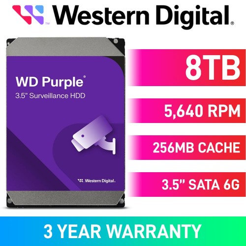 Western Digital Purple WD85PURZ Hard Drive, SATA 6Gb/s, 3.5", 5640RPM — 8TB Western Digital Purple WD85PURZ Hard Drive, SATA 6Gb/s, 3.5", 5640RPM — 8TB