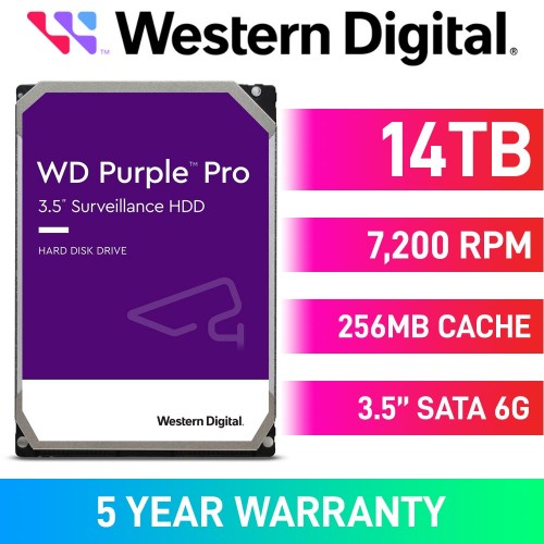 Western Digital Purple Pro WD141PURP Hard Drive, SATA 6Gb/s, 3.5", 7200RPM — 14TB